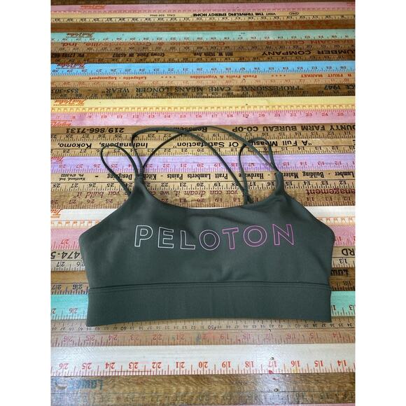 Peloton Sports Bra Women's Size XS Olive Green Pink Lettering - Picture 1 of 7